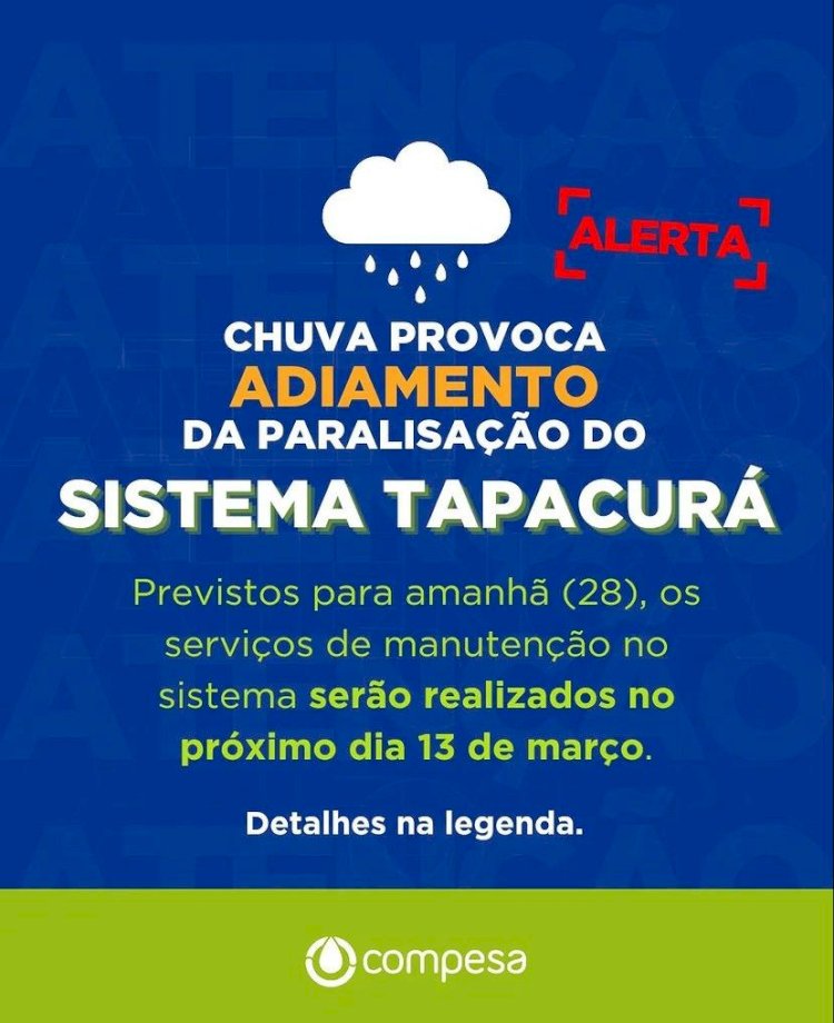 Compesa informa adiamento da paralisação do Sistema Tapacurá para a próxima quarta-feira (13)